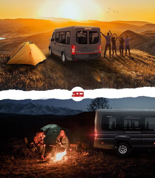 Family enjoying caravan at sunset